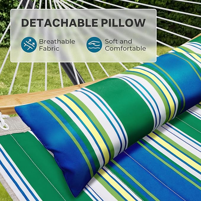 SUPERJARE Curved-Bar Hammock with Stand, 2 Person Heavy Duty Hammock Frame, Detachable Pillow & Portable Carrying Bag, Perfect for Outdoor & Indoor, Green Bold Stripe