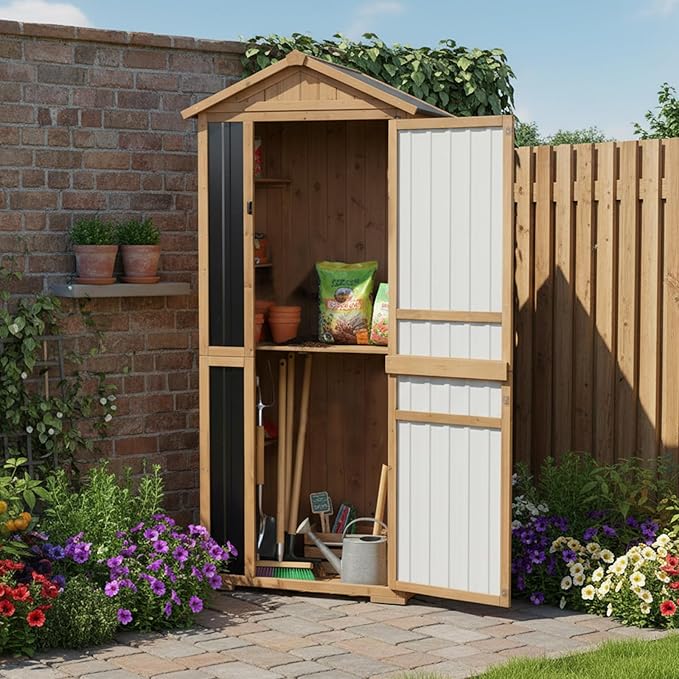 Large Outdoor Storage Cabinet with 4 Shelves, Wood Outdoor Storage Shed with Weatherproof Roof, Lockable Doors, Tall Outdoor Patio Cabinets for Garden Tool and Accessories, Brown