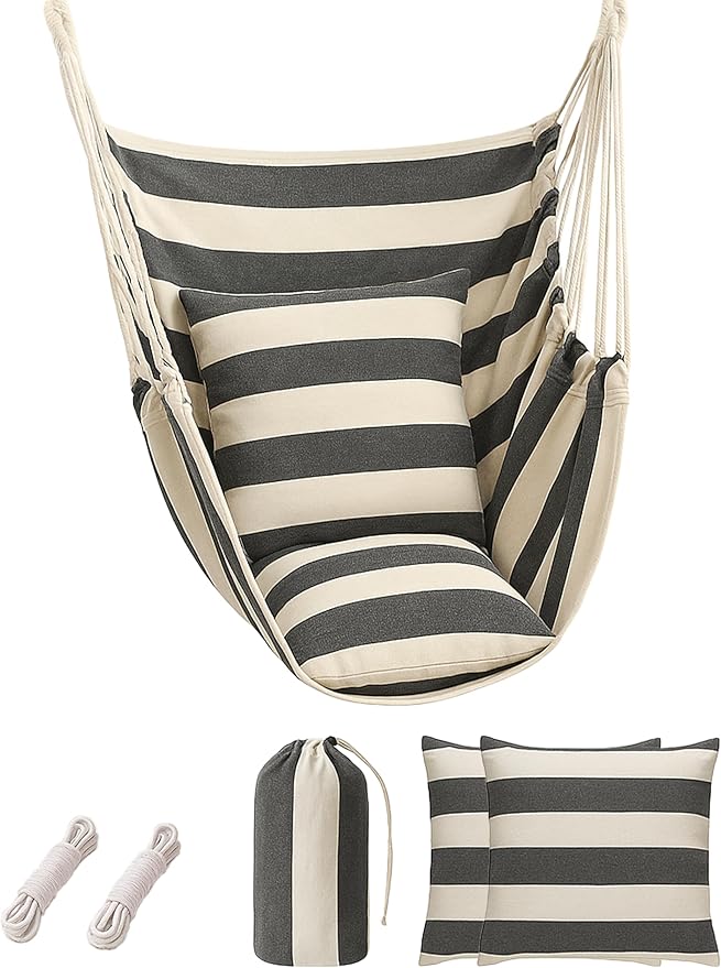 Hammock Chair Swing 2 Cushions Included - Hanging Rope Swing Max 400 Lbs Sturdy Soft Cotton Indoor for Bedroom Swing Chair Outdoor Patio Bedroom Porch Deck Black White