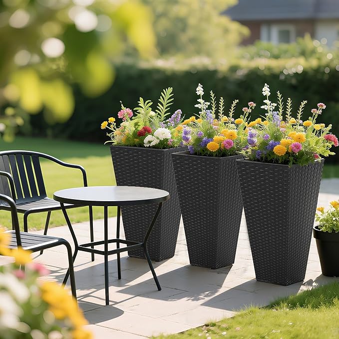 Outsunny Tall Planters for Outdoor Plants Set of 3, 24 in Taper Planters with Drainage Holes, Rattan Decor Plant Pots for Indoor Outdoor Front Porch Patio Backyard, Black