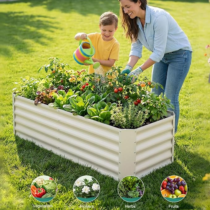 Galvanized Raised Garden Bed - 6x2x1.4ft Metal Garden Planter Box Outdoor | Steel Raised Bed Kit with Bracing Rods, Gloves for Gardening Vegetables Fruits and Flowers (White)