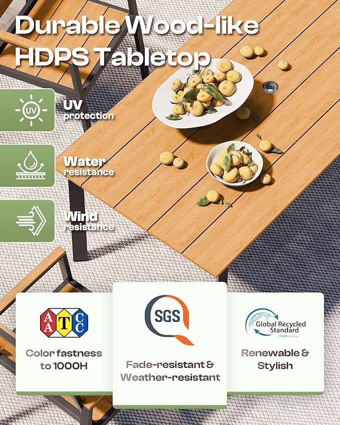 Aluminum Outdoor Dining Set for 6, Patio Table and Chairs Set with Umbrella Hole, 7 Piece HDPS Outdoor Furniture Set for Patio, Garden (Gray & Teak)