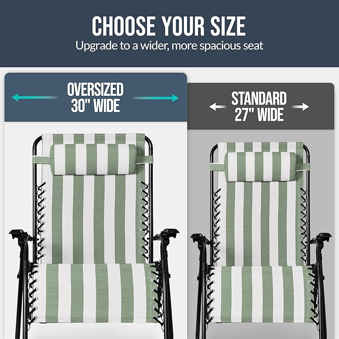 Best Choice Products Set of 2 Extra Wide Adjustable Steel Mesh Zero Gravity Lounge Chair Recliners w/Pillows and Cup Holder Trays - Sage Green Stripes