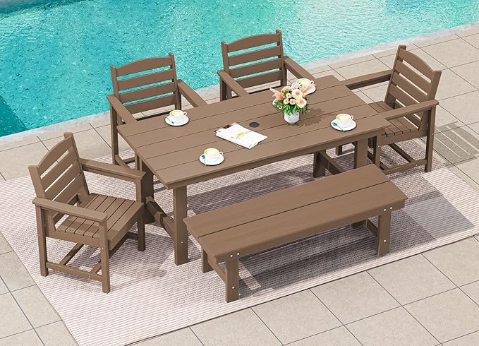 SERWALL Outdoor Dining Set for 6, HDPE Furniture with Umbrella Hole & Bench & Chairs, All Weather, Brown