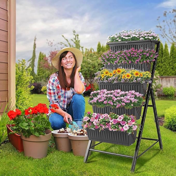 SEJOV 2 Pack Vertical Raised Garden Bed, 5 Tiers Elevated Planter Box for Herbs Vegetables Flowers, Graden Vertical Planter with Drainage System for Patio Balcony Garden Outdoor Indoor Plants, Black