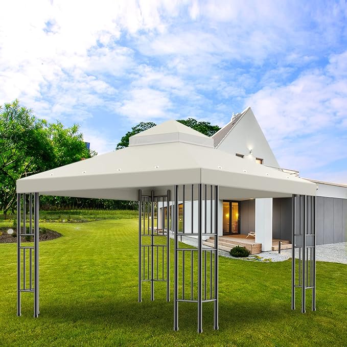 Sumfaller 10x10 FT Gazebo Replacement Canopy Top Cover Double Tiered Canopy Top Cover for Patio Garden Outdoor BBQ Roof Cover Grill Shelter (Beige)