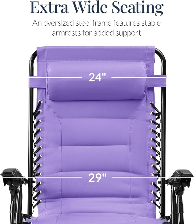Best Choice Products Oversized Padded Zero Gravity Chair, Folding Outdoor Patio Recliner, XL Anti Gravity Lounger for Backyard w/Headrest, Cup Holder, Side Tray, Polyester Mesh - Violet