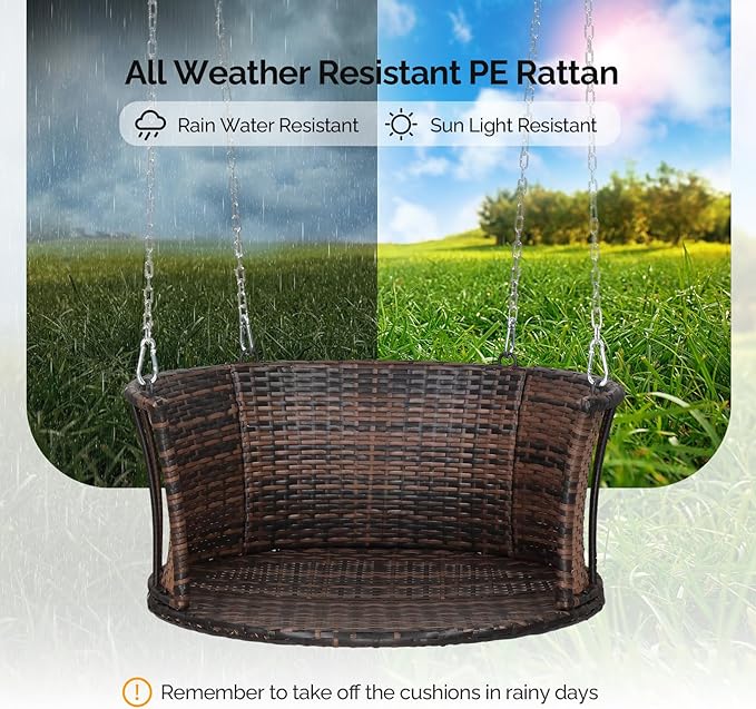 VINGLI 2.4 FT 1-Person Use Round Rattan Porch Swing Outdoor Support 440 LBS with Cushions & Adjustable Chains, Patio Wicker Swing Bench Chair for Garden, Yard, Lawn, Tree, Brown