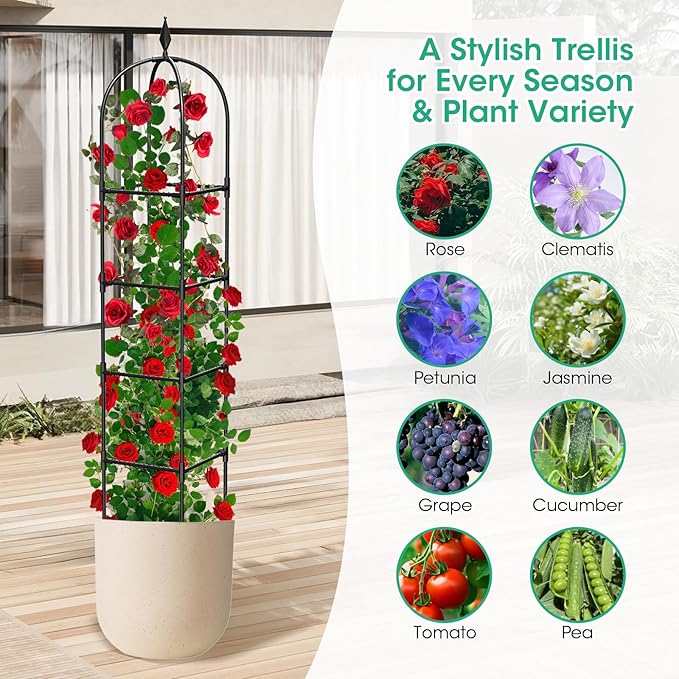 2 Pack Garden Obelisk Trellis for Climbing Plants, 71" Metal Rustproof Plant Support Rose Trellis, Tower Potted Cages for Flowers Fruits Vegetable Vines Indoor & Outdoor, Black(4 Tiers)