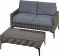 Jing's Villa 2-Piece Outdoor Sectional Set, All-Weather Wicker Patio Furniture with Loveseat & Tempered Glass Table, Comfortable Garden Conversation Set for Backyard, Poolside, Deck,Grey