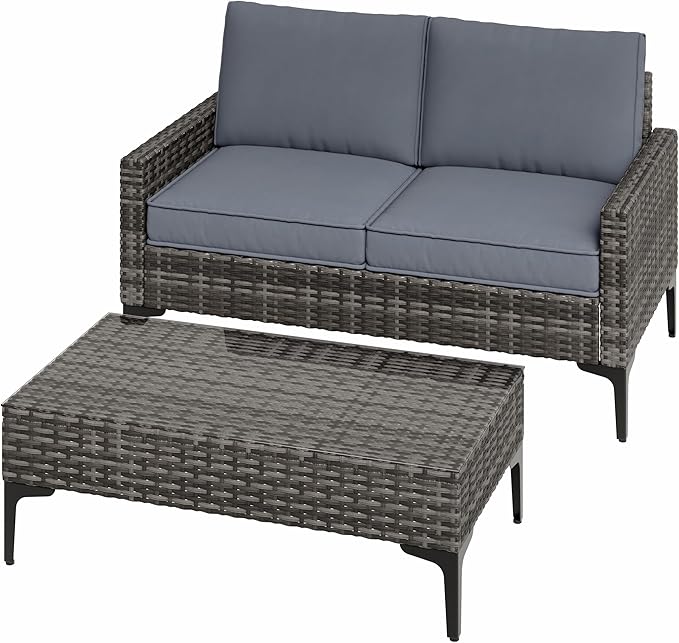 Jing's Villa 2-Piece Outdoor Sectional Set, All-Weather Wicker Patio Furniture with Loveseat & Tempered Glass Table, Comfortable Garden Conversation Set for Backyard, Poolside, Deck,Grey