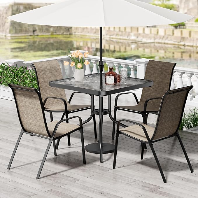 TLSUNNY Patio Dining Set 5 Pieces, All Weather Outdoor Furniture W/30"X 30" Table and 4 Stackable Textilene Chairs, Metal Table and Chairs for Lawn, Garden, Poolside, Backyard (Umbrella not Included)