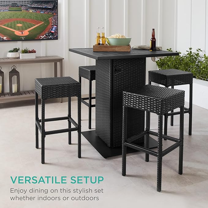 Best Choice Products 5-Piece Outdoor Wicker Bar Table Set for Patio, Poolside, Backyard w/Built-in Bottle Opener, Hidden Storage Shelf, Metal Tabletop, 4 Stools - Black