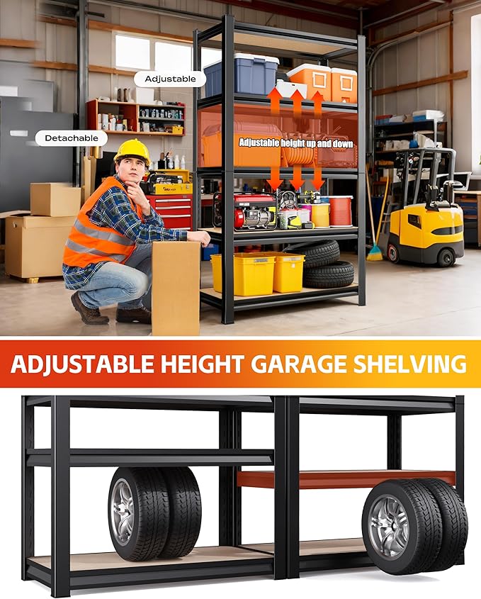 AOAORRG Garage Shelving Heavy Duty Storage Shelves, Metal Adjustable Shelving Unit, Utility Garage Organizer Shelf for Basement, Pantry, Kitchen, Warehouse, 33.5" Wx15.7 Dx35.4 H, Black