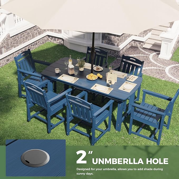 HDPE Outdoor Patio Dining Set with Table & 6 Chairs, All-Weather 7-Piece Outdoor Table and Chairs, 2" Umbrella Hole, Patio Furniture for Garden, Backyard, Deck | Navy Blue