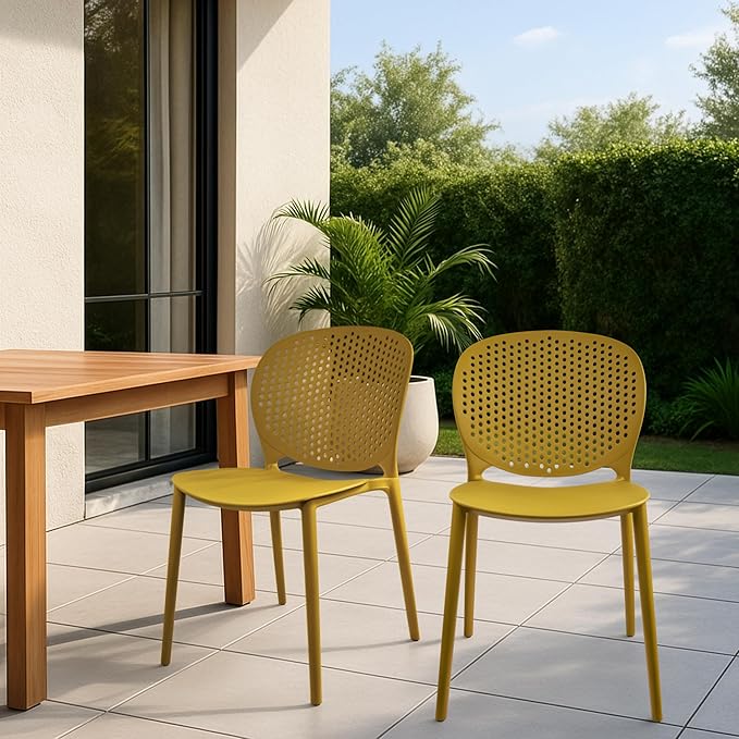 2xhome Set of 2 Patio Dining Chairs | Modern Stackable Outdoor Pool Side Chair | Weather Resistant Plastic for Yard, Porch, Balcony, Kitchen, Yellow