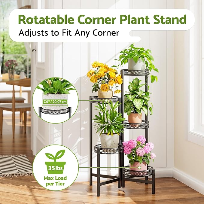 Plant Stand Indoor Outdoor, 5 Tier Corner Metal Flower Display Holder Stand, Folding Tall Plant Rack for Patio Balcony Porch Garden Living Room House, Heavy Duty Wrought Iron Plant Shelf - BlackFlower