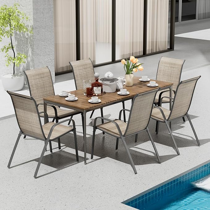 TLSUNNY Patio Chairs, Stackable Textilene Outdoor Dining Furniture for All Weather, with 17.7″ Wide Seat & Metal Frame, for Garden, Backyard, Deck, Restaurant, Poolside (6, Brown, 26.4″)