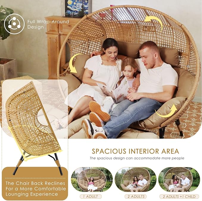 NICESOUL® Double Egg Chair Indoor Outdoor Stationary Oversized Thicken Padded Cushions,2 Person Egg Loveseat Chair, 680 lbs Extra Large Lounge Chair for Patio Balcony Porch Brown