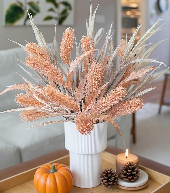 7 PCS Artificial Stems Fake Plants for Spring Summer Decor, 26 in Fake Leaves Greenery Branches Orange Silk Flowers Faux Foliage DIY Stems for Vase Home Kitchen Farmhouse Indoor Table Centerpiece