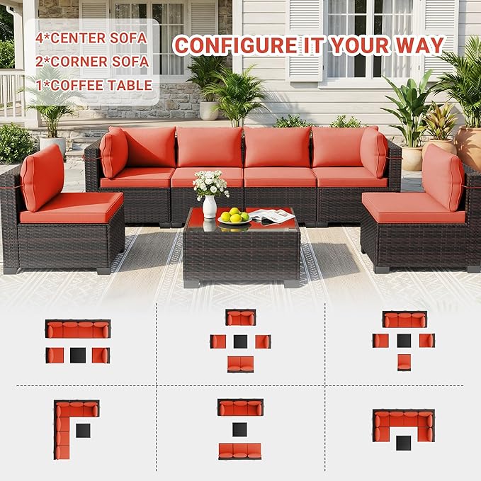 LEVELEVE 7 Pieces Outdoor Patio Furniture Sets,Rattan Conversation Sectional Set,Manual Weaving Wicker Patio Sofa with Tea Table