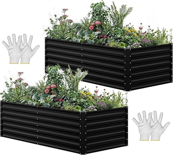 YITAHOME 6x3x2 ft 2pcs Galvanized Raised Garden Bed Kit, Large Metal Planter Box with Gloves & Support Rod, Outdoor Flower Bed for Plants Vegetables, Black