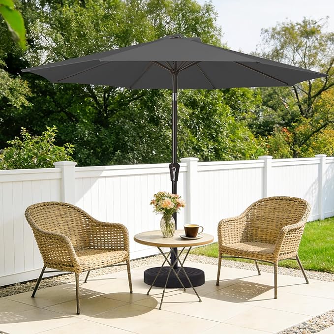 MEWAY 9ft Patio Umbrella Outdoor Table Umbrellas with Push Button Tilt and Crank, Market Umbrella 8 Sturdy Ribs for Deck, Garden, Pool and Backyard, Gray
