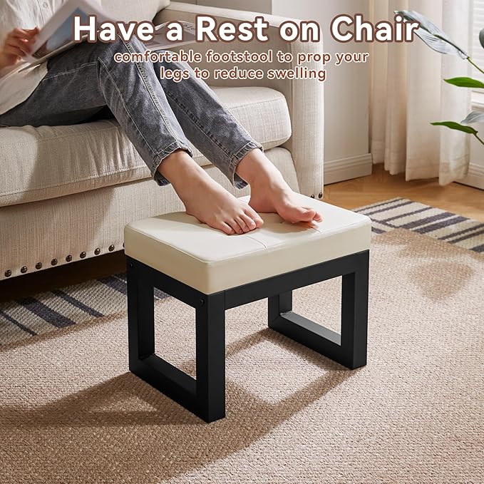 IBUYKE 16 Inch Small Foot Stool Ottoman, Rectangle PU Faux Leather Foot Rest with Padded Seat and Metal Legs, Modern Ottoman Foot Rest for Living Room Bedroom Entryway Couch,White WBD026W