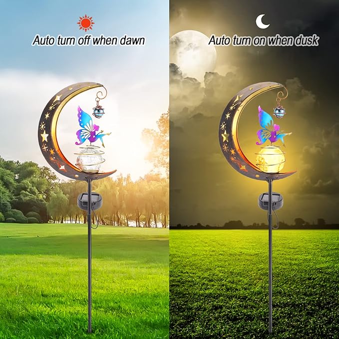 Solar Fairy Garden Light Decor, Moon Fairy Stake Lights, Crackle Glass Globe with Color Angel Decor, Outdoor LED Pathway Lights Waterproof for Walkway, Yard, Lawn, Patio or Courtyard