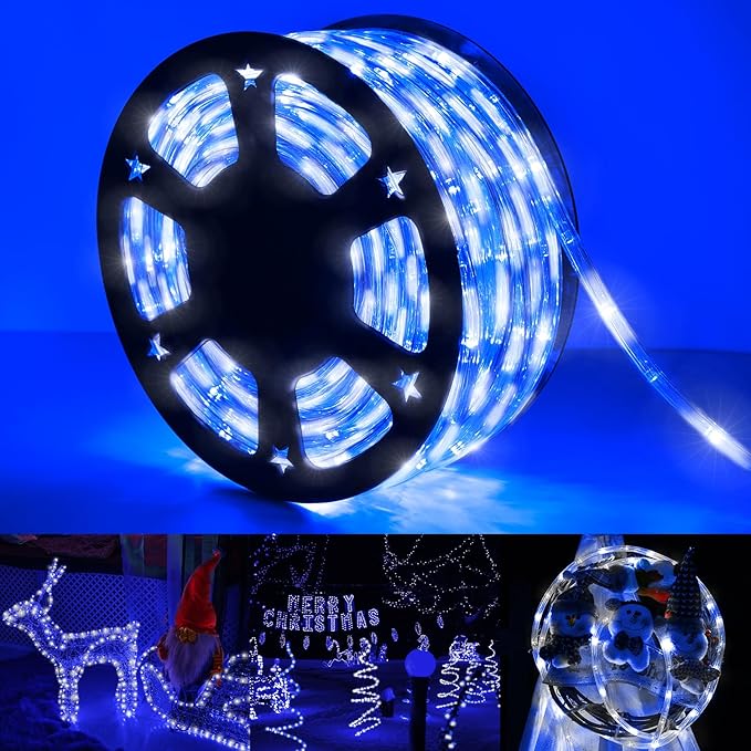 200ft LED Rope Lights Outdoor, 1440 LED Flexible Tube Lights with 8 Modes, Waterproof LED Rope Lighting for Outside Garden Patio Bedroom Party Pool Fences Indoor Outdoor Christmas Decor (White & Blue)