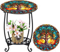 Outdoor Side Table Round Small Mosaic Patio Accent Indoor End Plant Coffee Tea Table for Yard Patio Porch Garden Living Room, Bedroom(Tree of Life Style,18 Inch)
