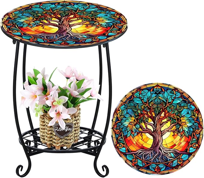 Outdoor Side Table Round Small Mosaic Patio Accent Indoor End Plant Coffee Tea Table for Yard Patio Porch Garden Living Room, Bedroom(Tree of Life Style,18 Inch)