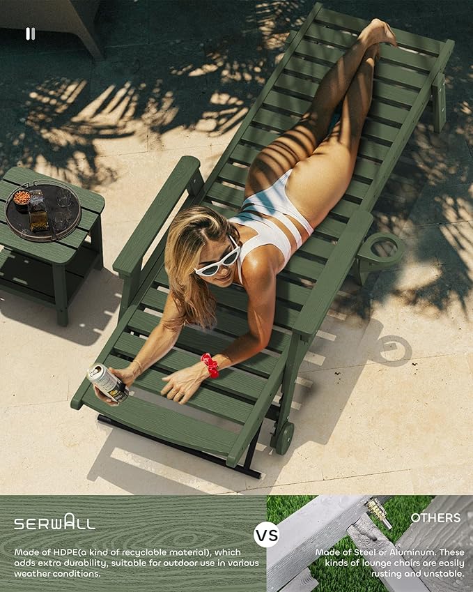 SERWALL Patio Chaise Lounge Chair Set of 2, 78'' Long 5-Positions Adjustable HDPE Outdoor Lounger for Pool, Poly Lounge Chair with Rolling Wheels & Cup Holder for Poolside, Deck, Avocado Green