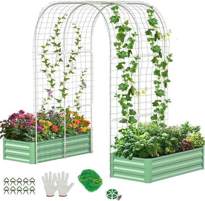 DoCred 3 in 1 Raised Garden Bed with 87in Tall Arch Trellis for Climbing Plants, Galvanized Planter Garden Box Outdoor for Gardening, Climbing Vegetables, Flower, Green