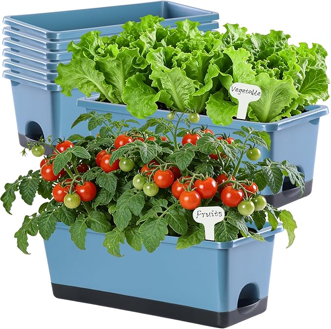 Window Box Planter 8 Pcs, 17 Inches Rectangle Flower Pots with Drainage Holes and Trays, Vegetable Planters for Windowsill Patio Garden Balcony Home Porch Yard Indoor Outdoor (Blue)