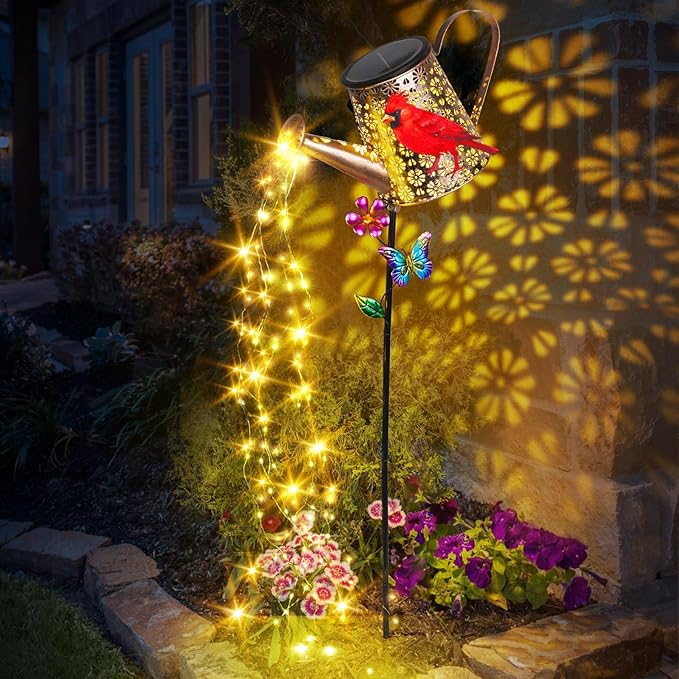 Solar Watering Can with Lights Outdoor Garden, 41in Large Red Cardinal Garden Stake Lights, Waterproof Decoration for Yard Lawn Pathway, Gifts for Mom Grandma Women Birthday Gardening Gift