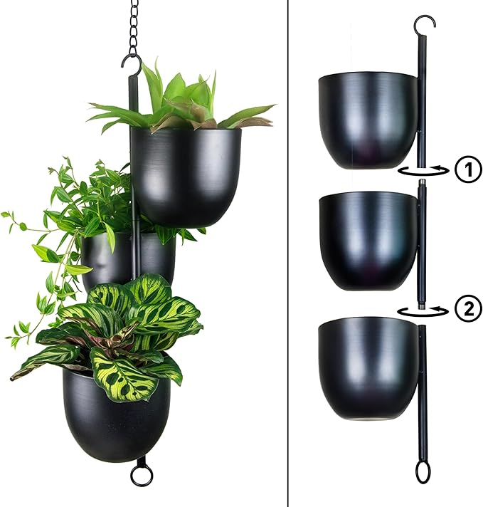 3 Tier Hanging Planters for Indoor & Outdoor, Stackable Black Metal Plant Hanger with 6 Inch Flower Pots, Oval Wall & Ceiling Plant Holder for Modern Home Decor, Balcony, Window, Patio (No Plants)