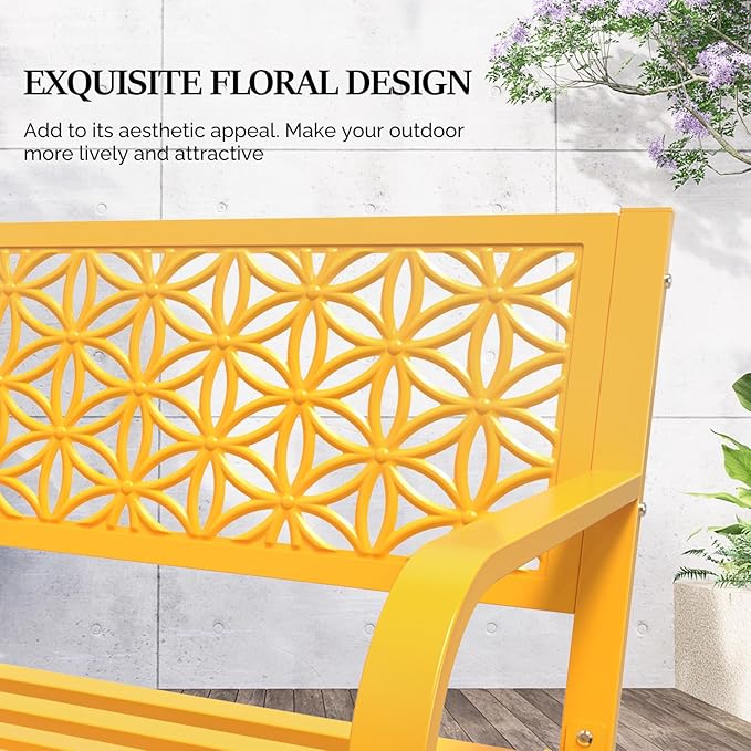 VINGLI 50" Outdoor Bench Metal with Floral Back, Garden Bench Front Porch Bench for Yard Patio Entryway Park Outside, 800lb Capacity - Yellow