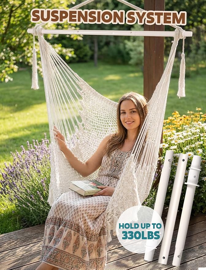 Chihee Hammock Chair Super Large Soft-Spun Cotton Rope Weaving Hanging Chair, Collapsible Strong Metal Spreader Bar Wide Seat Lace Stretch Swing Chairs Indoor Outdoor Garden Yard Theme Decoration