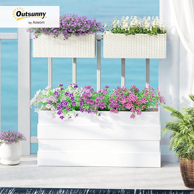Outsunny Railing Planter Box (2 Pack, 20 Inch), Hanging Flower Pots with Hooks, Drainage Holes for Fence, Balcony, Garden, Patio, Rattan Look, White