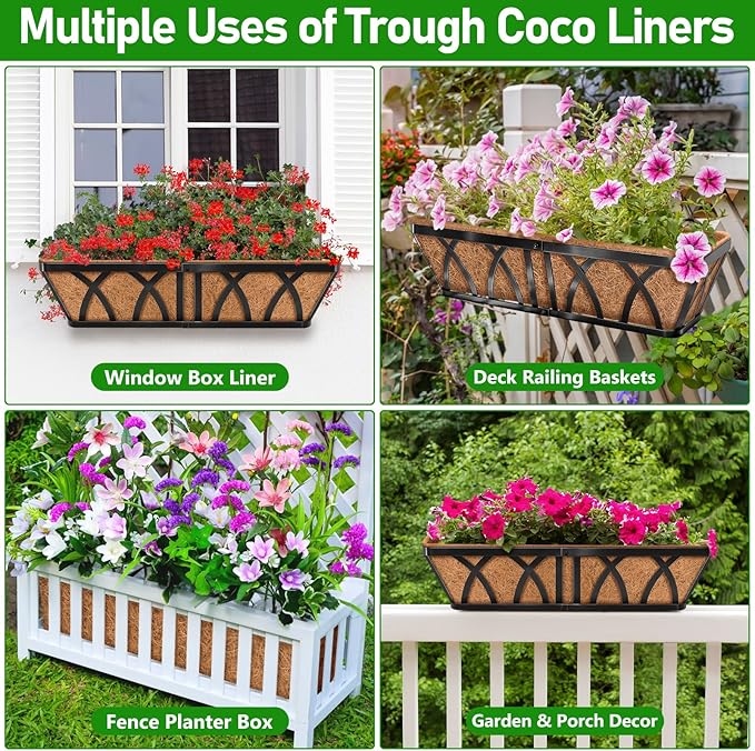 Riare 4 Pack 24 Inch Rectangle Coconut Liners for Planters, Natural Coconut Fiber Planter Liners, Window Box Liner Trough Coco Liner for Outdoor Flower, Garden Wall, Deck & Fence Planter Boxes
