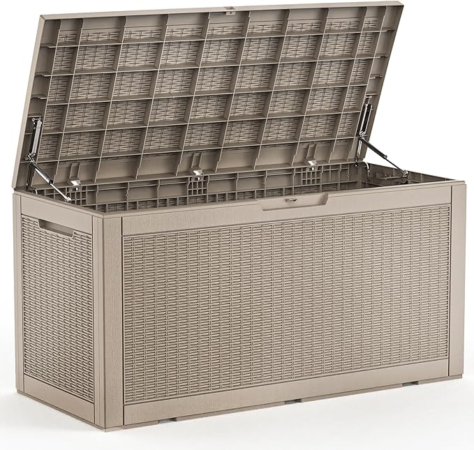 ROJIK Outdoor Storage Housing Deck Box - Waterproof Patio Furniture, Garden Tools, Cushions, Pool Accessories Storage Bench with Lockable Lid and Side Handles (Grey 110 Gal)