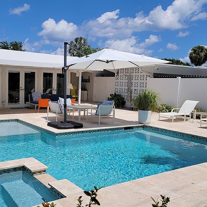 PURPLE LEAF 8' X 8' Patio Umbrella for Pool 7' High Offset Outdoor Cantilever Umbrella Swimming Pool Umbrella with 360°Rotation for Poolside White