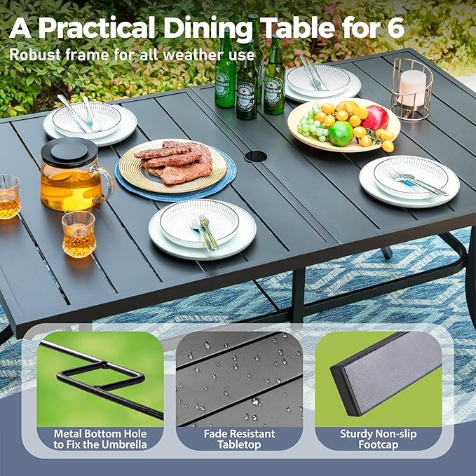 7 Pieces Patio Dining Set, 6 x Woven Rattan Chairs with Waterproof Cushion, 59" Rectangular Metal Dining Table with Umbrella Hole, Outdoor Table and Chairs Set for Backyard Lawn and Deck, Beige