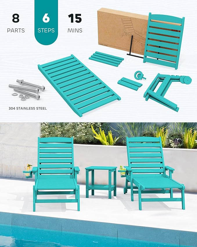 SERWALL Patio Chaise Lounge Chair, 78'' Long HDPE 5 Positions Adjustable Outdoor Lounger, Poly Lounge Chair with Rolling Wheels & Cup Holder for Pool, Aqua Blue