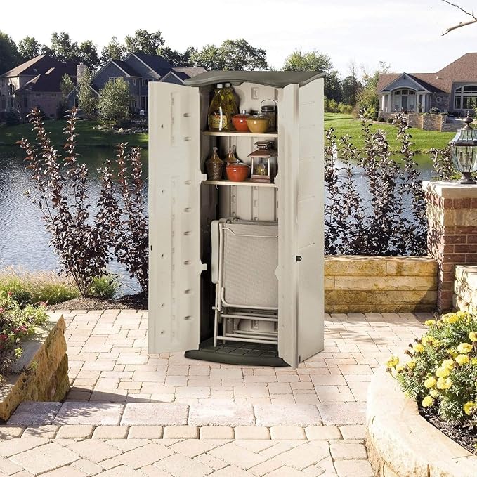 Rubbermaid Compact Vertical Resin Storage Shed With Floor (2 x 2.5 Ft), Weather Resistant, Beige/Brown, Organization for Home/Backyard/Garden Tools/Porch/Patio Cushions/Pool Chemicals/Toys