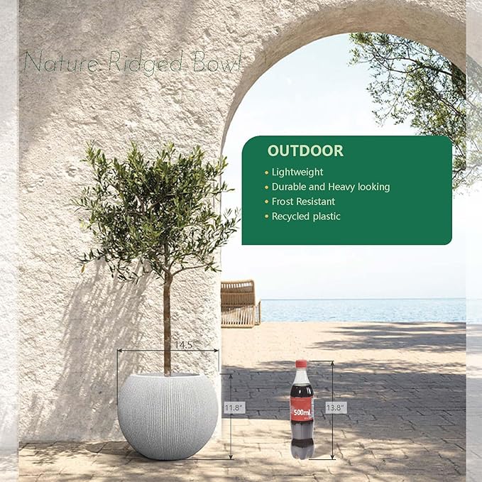 11.8" H X 14.5" D Round Plastic Planter with Drainage Hole & Plug, Large Lightweight Plant Pot, Stone Looking,Recyclable,Durable, Weather/UV Resistant for Indoor Outdoor, (8.9" Opening), Gray