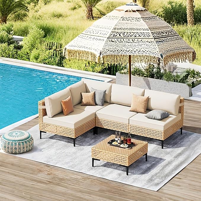 ABCASA Patio Furniture Set, 5-Piece Wicker Outdoor Patio Furniture Sets with Anti-Slip Cushions & Coffee Table,Boho Patio Conversation Set Sectional Sofa for Backyard,Porch,Beige