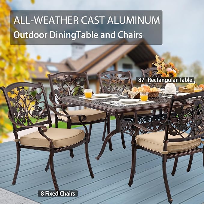 9-Piece Cast Aluminum Patio Furniture, Outdoor Dining Sets for 8 Include 87" Rectangular Patio Dining Table and 8 Stackable Chairs with Cushions & Umbrella Hole (Copper Red)
