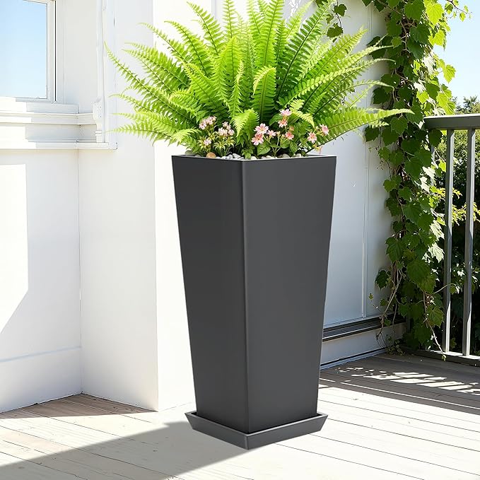 Set of 2 Tall Planters with Drainage Tray, 24 Inch Large Flower Pots for Indoor Outdoor Plants Mordern Planter Weather-Resistant for Patio, Front Door Decor, Garden (Gray)